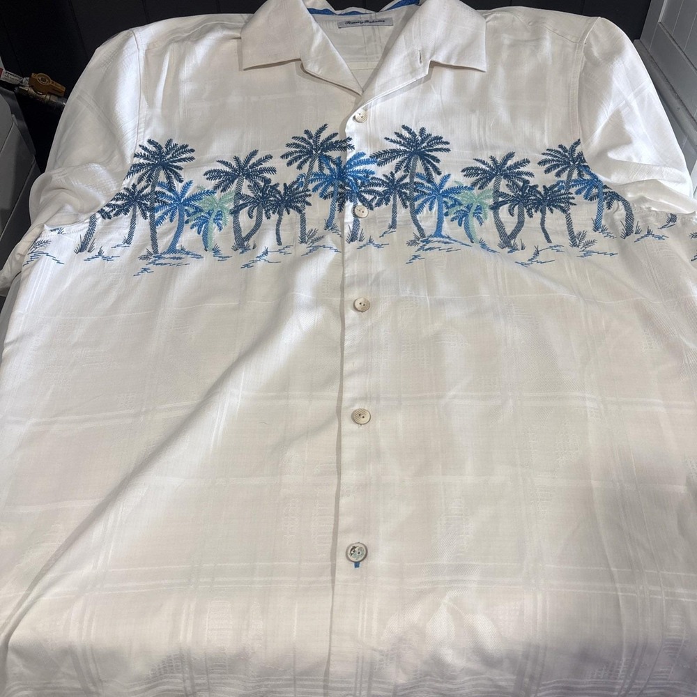 Tommy Bahama Mens XL Silk Embroidered Palm Tree Border Camp Shirt White Hawaiian